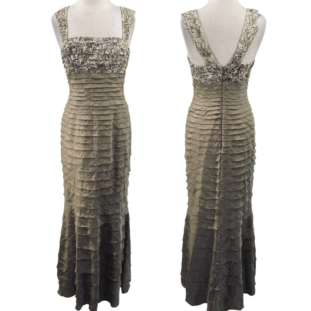 Vintage Y2k Floral Lace Tiered Formal Gown Square Neck Pleated Beige 6/8